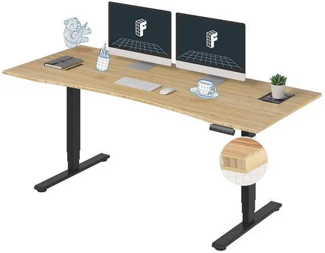 Main image of E6 Bamboo 3-Stage Dual Motor 72 x 30 Electric Standing Desk Sit Stand Up Desk, Holds 220 lbs, Adjustable Height w/ Memory Presets, Solid Bamboo Curved Desktop & Black Frame, Ships in 2 Boxes