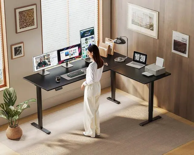 Alt view image 2 of 7 - 63 Inch Reversible L Shaped Electric Standing Desk, Height Adjustable Corner Stand up Desk, Ergonomic Large Lift Computer Table for Home, Office, Workstation, Black