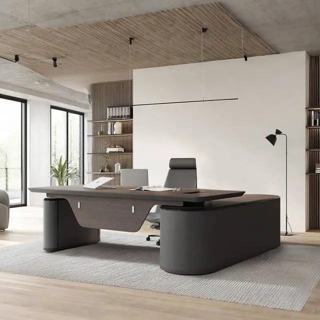 Main image of 86.61in Large Executive Office Desk - Adjustable Height Sit to Stand Oval Shaped Desk, Premium L-Shaped Workstation with File Cabinet, Luxury Modern Design for Boss, Managers & Home Office