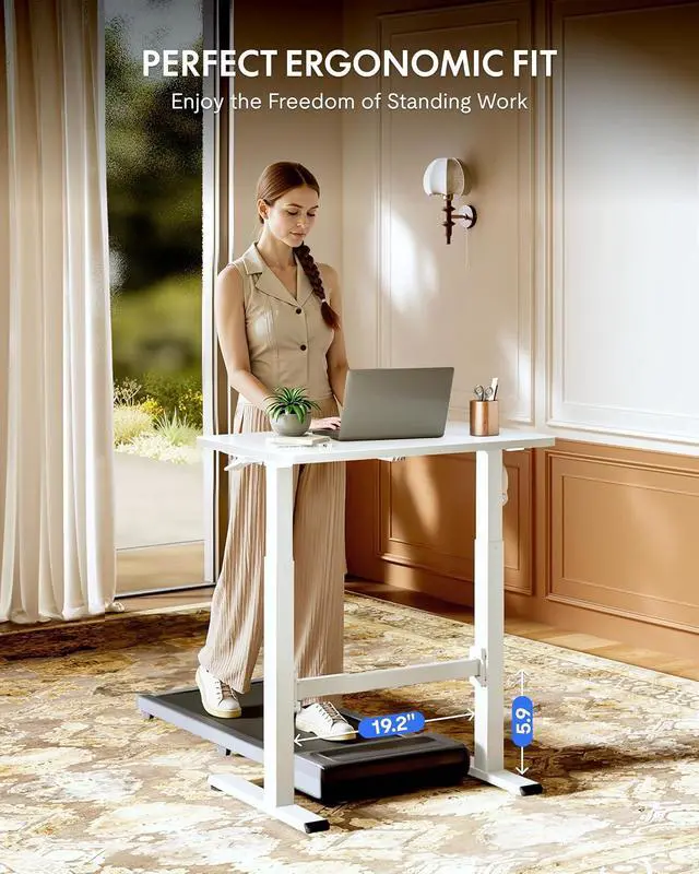 Alt view image 5 of 7 - H7 Plus Gas Spring Adjustable Standing Desk, Mobile Rolling Sit-Stand Table with Wheels, Cordless Stand Up Desk for Small Spaces & Home Office, 32" One-Piece Desktop White,Height 27.6"45"