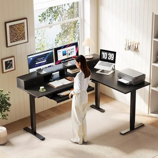 Alt view image 2 of 7 - 59 Inch L Shaped Electric Standing Desk with Drawers, Height Adjustable Corner Computer Desk with Keyboard Tray & Monitor Stand, Stand Up Table for Home Office Workstation, Black