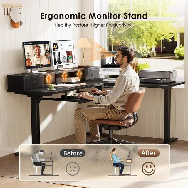 Alt view image 5 of 7 - 59 Inch L Shaped Electric Standing Desk with Drawers, Height Adjustable Corner Computer Desk with Keyboard Tray & Monitor Stand, Stand Up Table for Home Office Workstation, Black