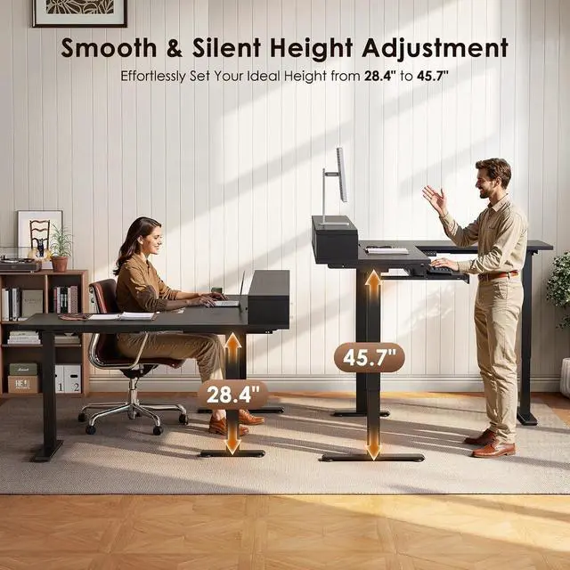 Alt view image 4 of 7 - 59 Inch L Shaped Electric Standing Desk with Drawers, Height Adjustable Corner Computer Desk with Keyboard Tray & Monitor Stand, Stand Up Table for Home Office Workstation, Black