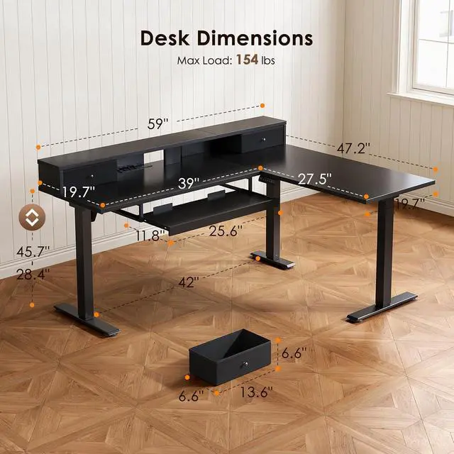 Alt view image 3 of 7 - 59 Inch L Shaped Electric Standing Desk with Drawers, Height Adjustable Corner Computer Desk with Keyboard Tray & Monitor Stand, Stand Up Table for Home Office Workstation, Black