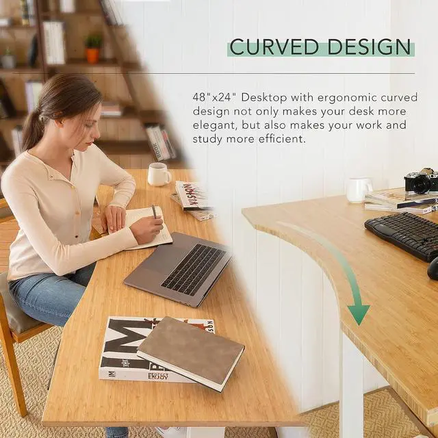 Alt view image 6 of 7 - E6 Bamboo 3-Stage Dual Motor Electric Standing Desk 48 x 24 Sit Stand Up Desk, Holds 220 lbs, Adjustable Height w/ Memory Presets, Solid Bamboo Curved Desktop & White Frame, Ships in 2 Boxes
