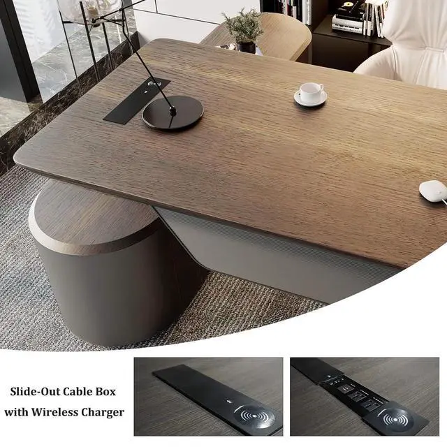 Alt view image 5 of 7 - 94.48In Large Executive Office Desk - Adjustable Height Sit to Stand Oval Shaped Desk, Premium L-Shaped Workstation with File Cabinet, Luxury Modern Design for Boss, Managers & Home Office