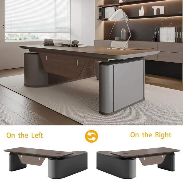 Alt view image 3 of 7 - 94.48In Large Executive Office Desk - Adjustable Height Sit to Stand Oval Shaped Desk, Premium L-Shaped Workstation with File Cabinet, Luxury Modern Design for Boss, Managers & Home Office