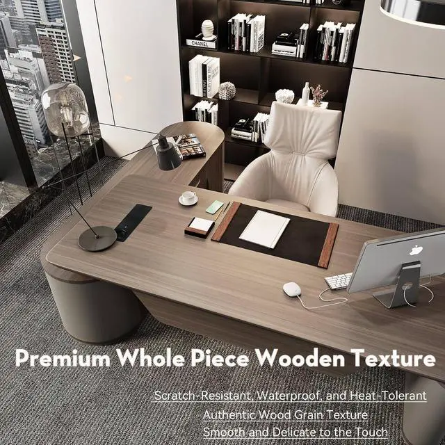 Alt view image 6 of 7 - 94.48In Large Executive Office Desk - Adjustable Height Sit to Stand Oval Shaped Desk, Premium L-Shaped Workstation with File Cabinet, Luxury Modern Design for Boss, Managers & Home Office