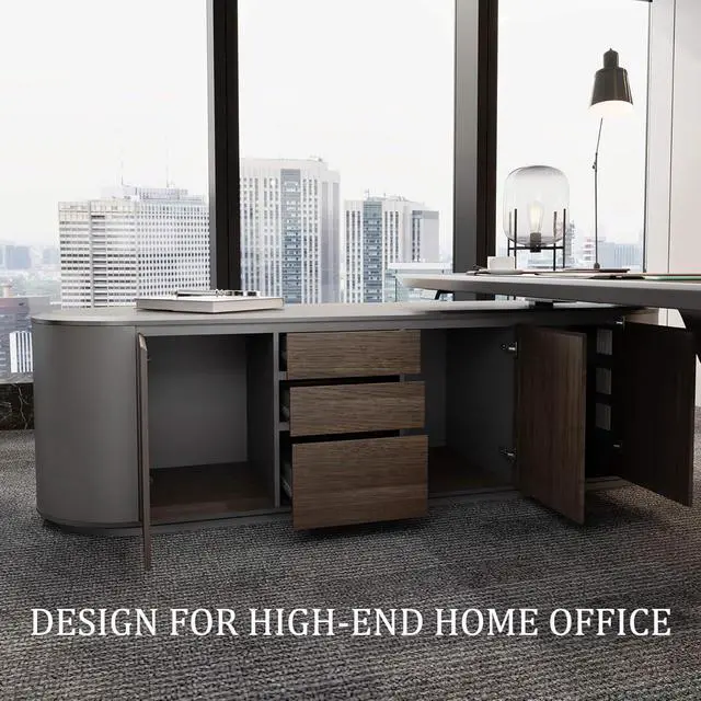 Alt view image 7 of 7 - 94.48In Large Executive Office Desk - Adjustable Height Sit to Stand Oval Shaped Desk, Premium L-Shaped Workstation with File Cabinet, Luxury Modern Design for Boss, Managers & Home Office