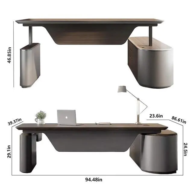 Alt view image 2 of 7 - 94.48In Large Executive Office Desk - Adjustable Height Sit to Stand Oval Shaped Desk, Premium L-Shaped Workstation with File Cabinet, Luxury Modern Design for Boss, Managers & Home Office