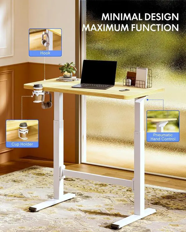 Alt view image 5 of 7 - H7 Plus Gas Spring Adjustable Standing Desk, Mobile Rolling Sit-Stand Workstation with Wheel, Cordless Stand Up Desk for Small Room & Home Office 32" One-Piece Desktop Maple,height 27.6"45"