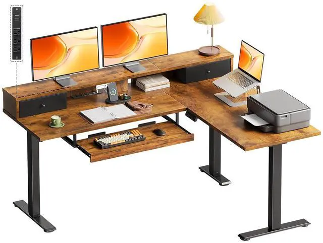 Main image of 59 Inch L Shaped Electric Standing Desk with Drawers, Height Adjustable Corner Computer Desk with Keyboard Tray & Monitor Stand, Stand Up Table for Home Office Workstation, Rustic Brown