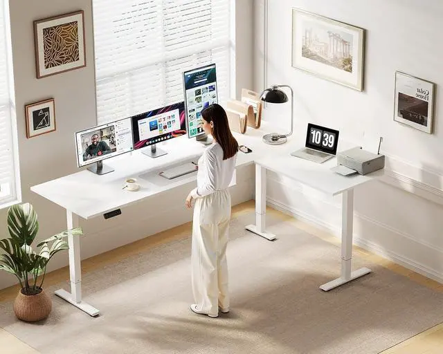 Alt view image 2 of 7 - 71 Inch Reversible L Shaped Electric Standing Desk, Height Adjustable Corner Stand up Desk, Ergonomic Large Lift Computer Table for Home, Office, Workstation, White
