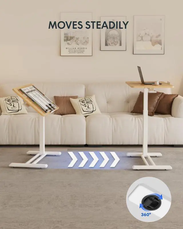 Alt view image 5 of 7 - H7 PRO Mobile Standing Desk Adjustable Overbed Table Pneumatic with Wheels 55°Tiltable Portable Laptop Desk Rolling Computer Cart Foldable Bedside Table(27.6" W x 15.7" D, Maple)