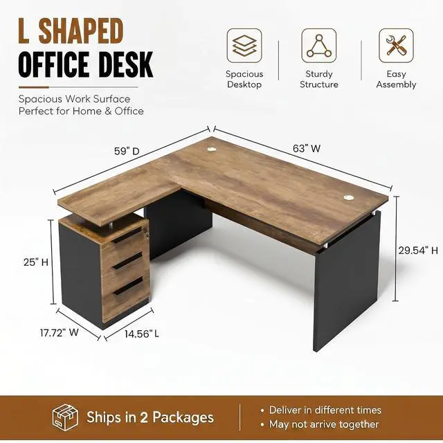 Alt view image 2 of 7 - 63 L Shaped Home Office Desk with Storage Cabinet, Modern Corner Executive Desk with 3 Drawers & Dual Cable Grommets, Reversible Computer Desk for Work from Home & Small Office (1)
