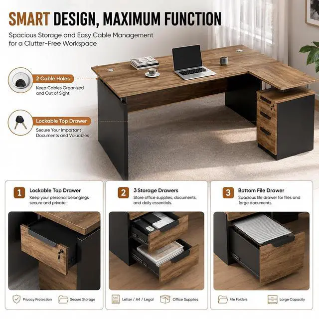 Alt view image 5 of 7 - 63 L Shaped Home Office Desk with Storage Cabinet, Modern Corner Executive Desk with 3 Drawers & Dual Cable Grommets, Reversible Computer Desk for Work from Home & Small Office (1)