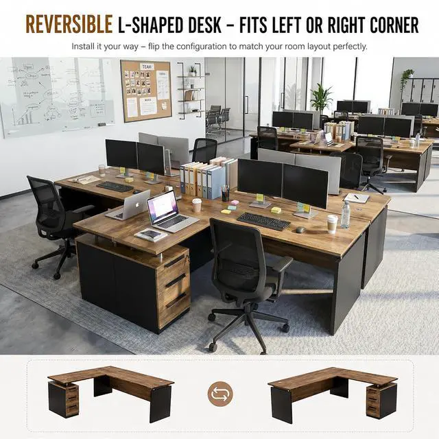 Alt view image 6 of 7 - 63 L Shaped Home Office Desk with Storage Cabinet, Modern Corner Executive Desk with 3 Drawers & Dual Cable Grommets, Reversible Computer Desk for Work from Home & Small Office (1)