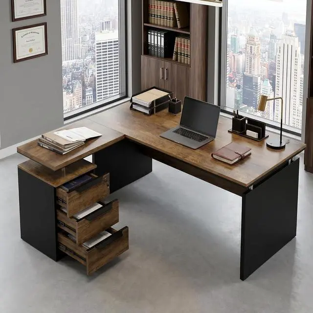 Main image of 63 L Shaped Home Office Desk with Storage Cabinet, Modern Corner Executive Desk with 3 Drawers & Dual Cable Grommets, Reversible Computer Desk for Work from Home & Small Office (1)