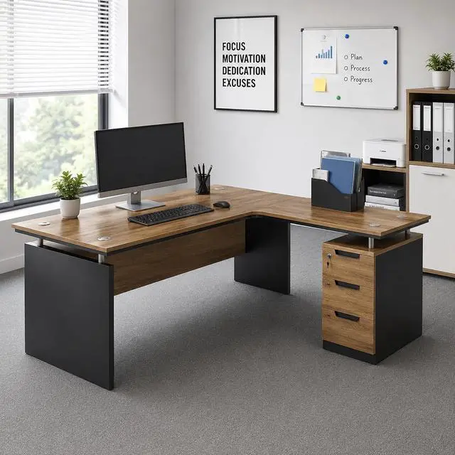 Alt view image 4 of 7 - 63 L Shaped Home Office Desk with Storage Cabinet, Modern Corner Executive Desk with 3 Drawers & Dual Cable Grommets, Reversible Computer Desk for Work from Home & Small Office (1)