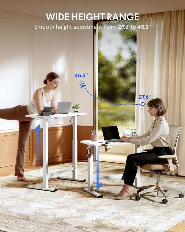 Alt view image 4 of 7 - H7 Plus Gas Spring Adjustable Standing Desk, Mobile Rolling Sit-Stand Table with Wheels, Cordless Stand Up Desk for Small Spaces & Home Office, 48" One-Piece Desktop WhiteHeight 27.6"45"