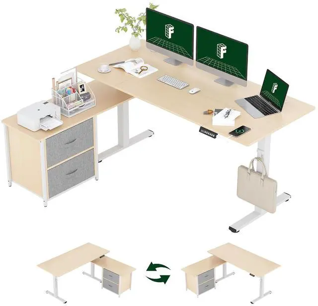 Main image of L Shaped Standing Desk with Drawers, Large Electric Height Adjustable Executive Desk, Sit Stand Desk for Home Office and Workstation, Hooks and USB Port (63"x28" White Wood Grain)