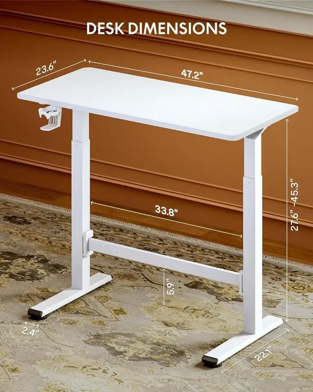 Alt view image 2 of 7 - H7 Plus Gas Spring Adjustable Standing Desk, Mobile Rolling Sit-Stand Table with Wheels, Cordless Stand Up Desk for Small Spaces & Home Office, 48" One-Piece Desktop WhiteHeight 27.6"45"