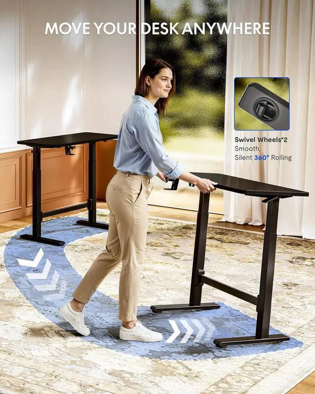 Alt view image 7 of 7 - H7 Plus Gas Spring Adjustable Standing Desk, Mobile Rolling Sit-Stand Table with Wheels, Cordless Stand Up Desk for Small Spaces & Home Office, 48" One-Piece Desktop Black,Height 27.6"45"