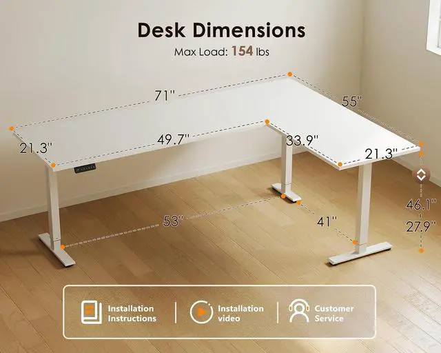 Alt view image 3 of 7 - 71 Inch Reversible L Shaped Electric Standing Desk, Height Adjustable Corner Stand up Desk, Ergonomic Large Lift Computer Table for Home, Office, Workstation, White