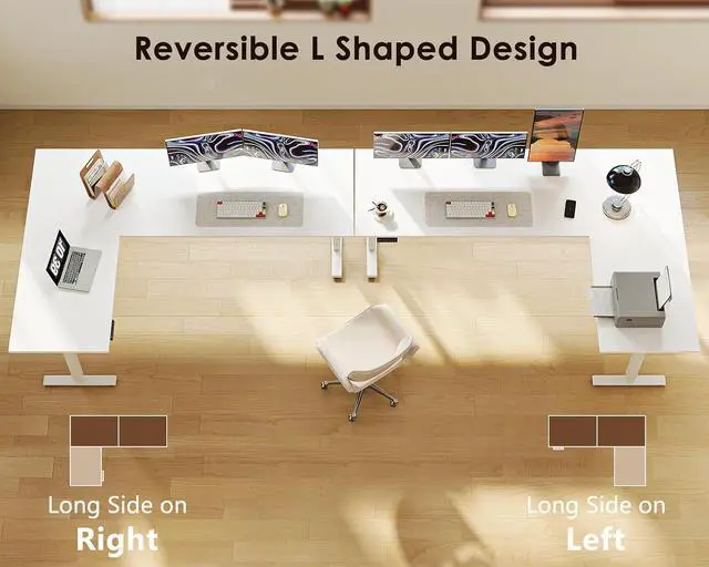 Alt view image 4 of 7 - 71 Inch Reversible L Shaped Electric Standing Desk, Height Adjustable Corner Stand up Desk, Ergonomic Large Lift Computer Table for Home, Office, Workstation, White