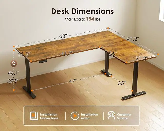 Alt view image 3 of 7 - 63 Inch Reversible L Shaped Electric Standing Desk, Height Adjustable Corner Stand up Desk, Ergonomic Large Lift Computer Table for Home, Office, Workstation, Rustic Brown
