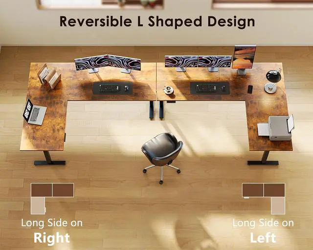 Alt view image 4 of 7 - 63 Inch Reversible L Shaped Electric Standing Desk, Height Adjustable Corner Stand up Desk, Ergonomic Large Lift Computer Table for Home, Office, Workstation, Rustic Brown