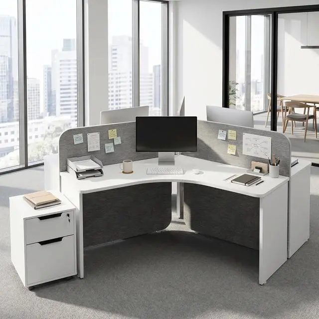 Alt view image 6 of 7 - 3 Person Office Workstation Desk with Locking Mobile Pedestal, White Full Office Cubicle Desk with Drawers and Cabinet, Power Outlets & USB Ports,Commercial Modern Team Desk ( desk for 3 person)