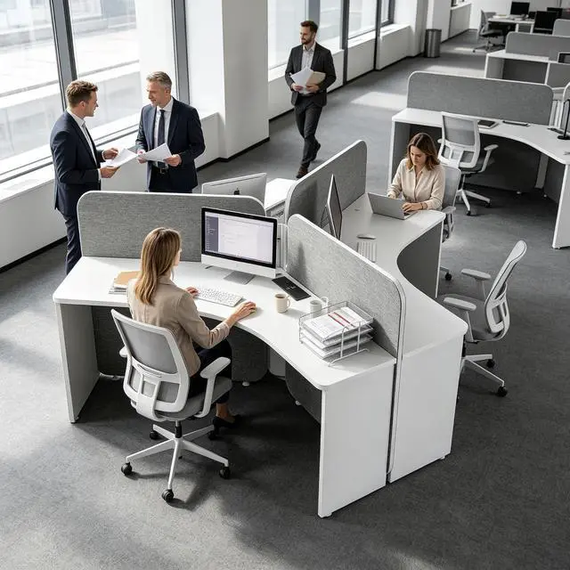 Alt view image 3 of 7 - 3 Person Office Workstation Desk with Locking Mobile Pedestal, White Full Office Cubicle Desk with Drawers and Cabinet, Power Outlets & USB Ports,Commercial Modern Team Desk(2 Desk for 6 Person)