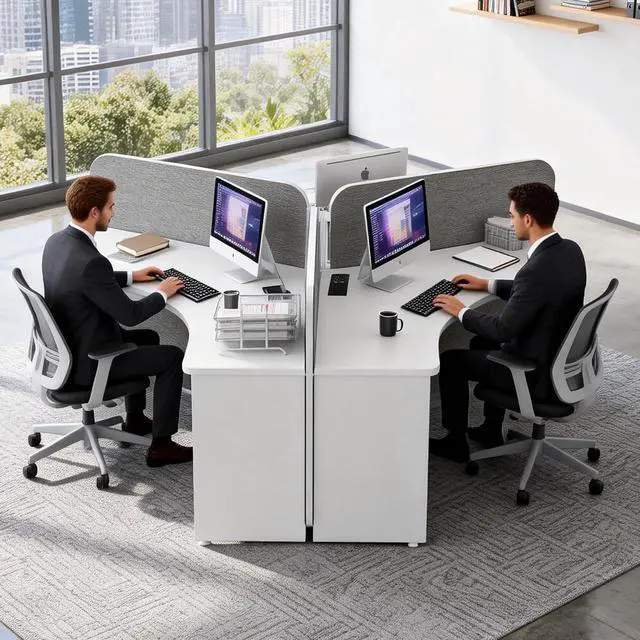 Alt view image 6 of 7 - 3 Person Office Workstation Desk with Locking Mobile Pedestal, White Full Office Cubicle Desk with Drawers and Cabinet, Power Outlets & USB Ports,Commercial Modern Team Desk(2 Desk for 6 Person)
