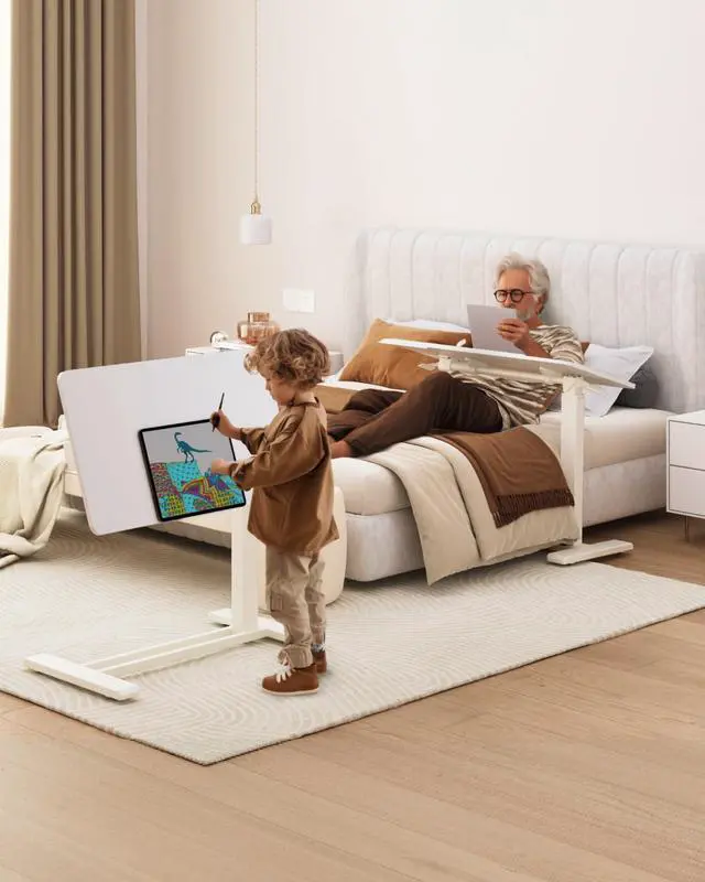 Alt view image 2 of 7 - H7 PRO Mobile Standing Desk Adjustable Overbed Table Pneumatic with Wheels 90°Tiltable Portable Laptop Desk Rolling Computer Cart Foldable Bedside Table(31.5" W x 17.7" D, White)