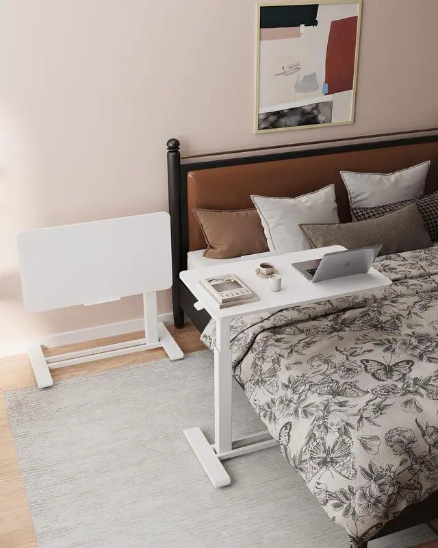 Alt view image 3 of 7 - H7 PRO Mobile Standing Desk Adjustable Overbed Table Pneumatic with Wheels 90°Tiltable Portable Laptop Desk Rolling Computer Cart Foldable Bedside Table(31.5" W x 17.7" D, White)