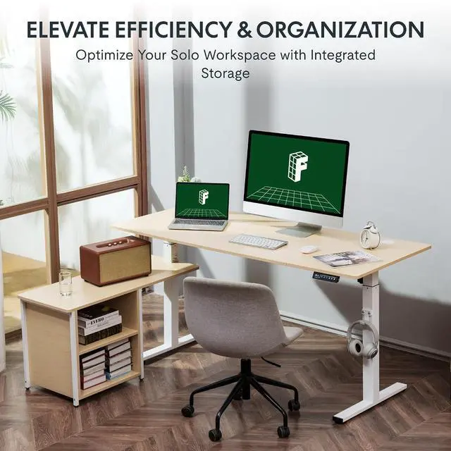 Alt view image 3 of 7 - L Shaped Standing Desk with Drawers, Large Electric Height Adjustable Executive Desk, Sit Stand Desk for Home Office and Workstation, Hooks and USB Port (63"x28" White Wood Grain)