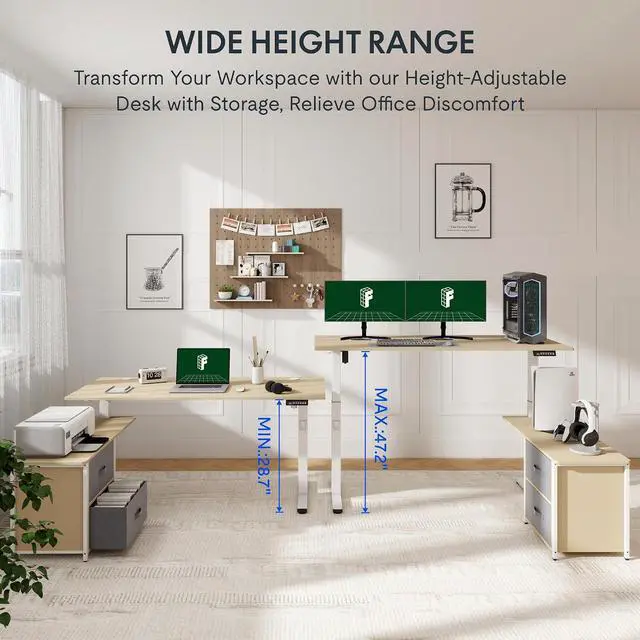Alt view image 5 of 7 - L Shaped Standing Desk with Drawers, Large Electric Height Adjustable Executive Desk, Sit Stand Desk for Home Office and Workstation, Hooks and USB Port (63"x28" White Wood Grain)
