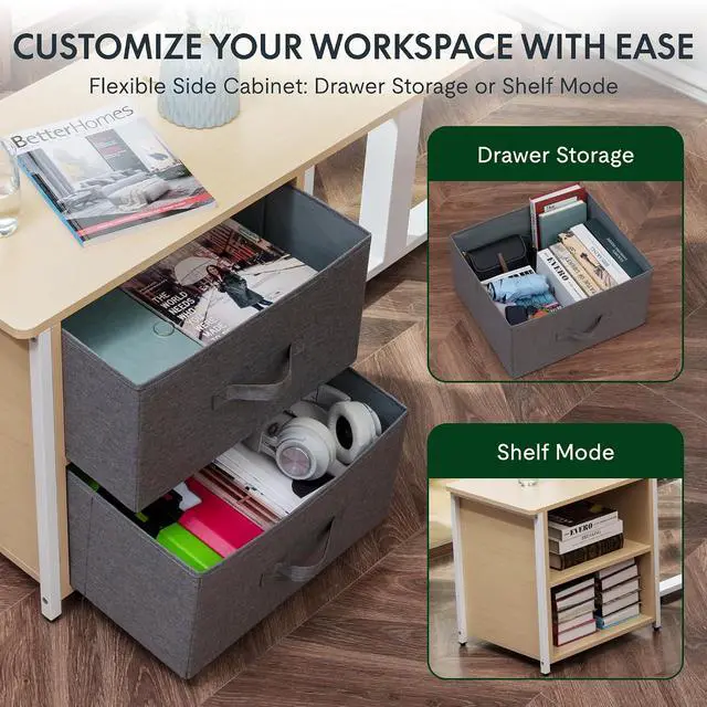 Alt view image 4 of 7 - L Shaped Standing Desk with Drawers, Large Electric Height Adjustable Executive Desk, Sit Stand Desk for Home Office and Workstation, Hooks and USB Port (63"x28" White Wood Grain)