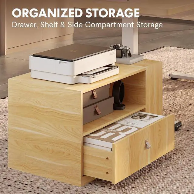 Alt view image 2 of 7 - L Shaped Executive Standing Desk with Drawers, Large Electric Height Adjustable Desk, Sit Stand Desk for Home Office and Workstation, Mobile Cabinet (63"x32" White Wood Grain)