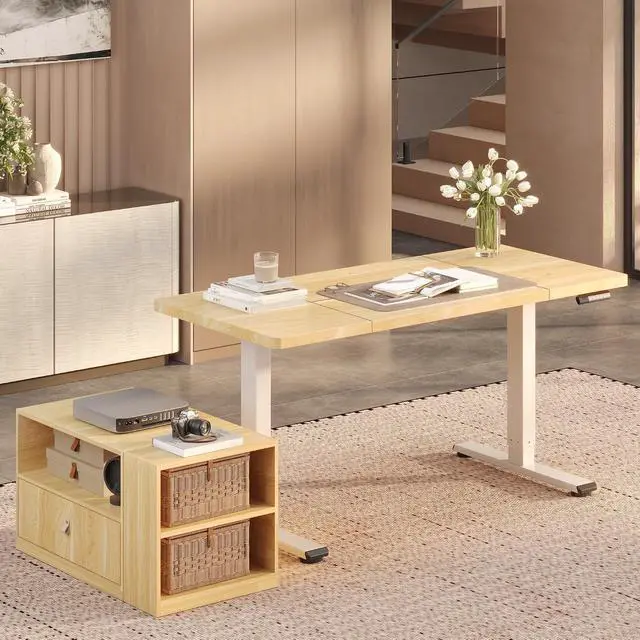 Main image of L Shaped Executive Standing Desk with Drawers, Large Electric Height Adjustable Desk, Sit Stand Desk for Home Office and Workstation, Mobile Cabinet (63"x32" White Wood Grain)