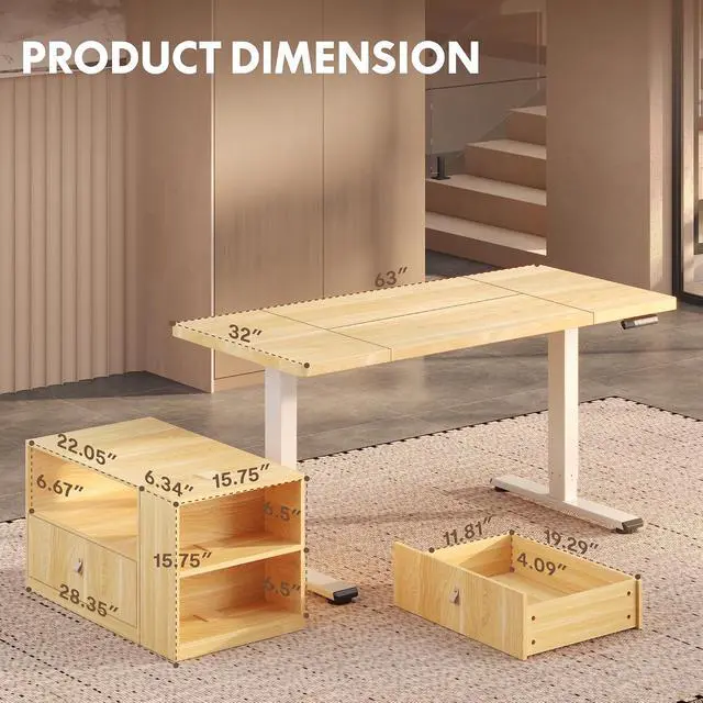 Alt view image 4 of 7 - L Shaped Executive Standing Desk with Drawers, Large Electric Height Adjustable Desk, Sit Stand Desk for Home Office and Workstation, Mobile Cabinet (63"x32" White Wood Grain)