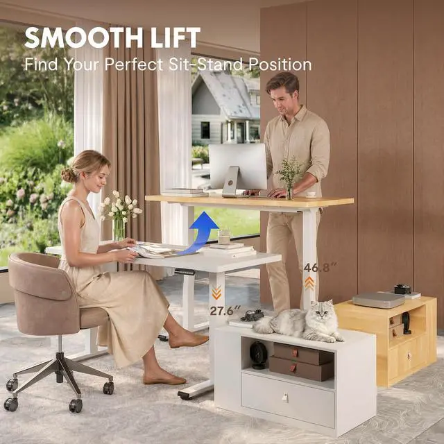 Alt view image 3 of 7 - L Shaped Executive Standing Desk with Drawers, Large Electric Height Adjustable Desk, Sit Stand Desk for Home Office and Workstation, Mobile Cabinet (63"x32" White Wood Grain)