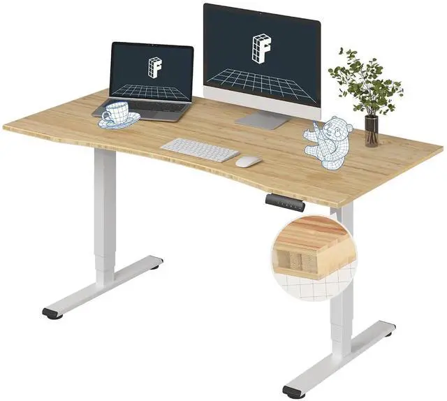 Main image of E6 Bamboo 3-Stage Dual Motor 60 x 30 Electric Standing Desk Sit Stand Up Desk, Holds 220 lbs, Adjustable Height w/ Memory Presets, Solid Bamboo Curved Desktop & White Frame, Ships in 2 Boxes