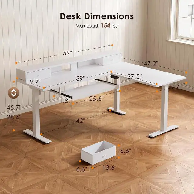 Alt view image 3 of 7 - 59 Inch L Shaped Electric Standing Desk with Drawers, Height Adjustable Corner Computer Desk with Keyboard Tray & Monitor Stand, Stand Up Table for Home Office Workstation, White