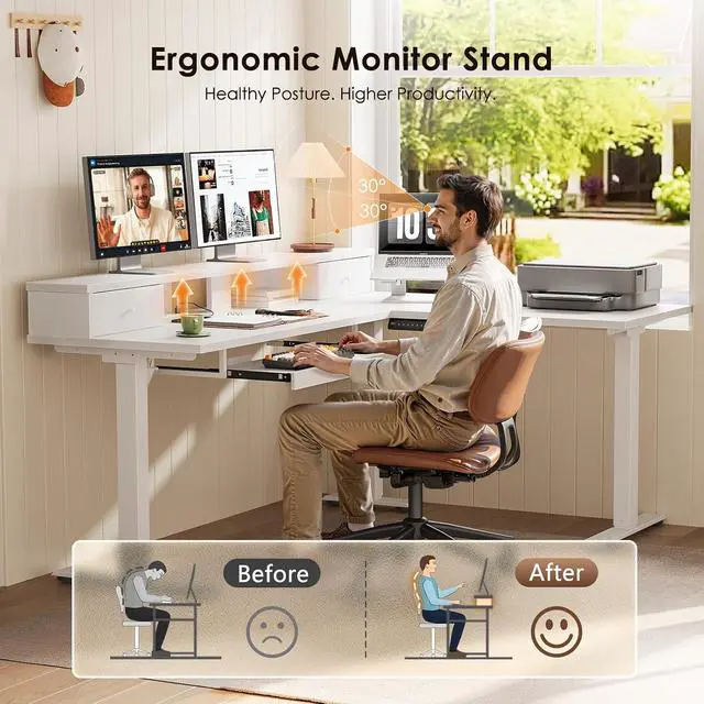 Alt view image 4 of 7 - 59 Inch L Shaped Electric Standing Desk with Drawers, Height Adjustable Corner Computer Desk with Keyboard Tray & Monitor Stand, Stand Up Table for Home Office Workstation, White