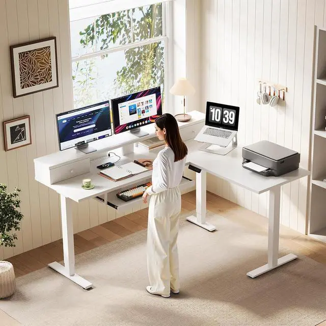 Alt view image 2 of 7 - 59 Inch L Shaped Electric Standing Desk with Drawers, Height Adjustable Corner Computer Desk with Keyboard Tray & Monitor Stand, Stand Up Table for Home Office Workstation, White