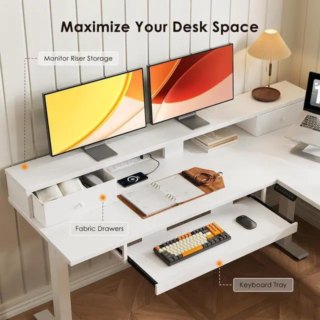 Alt view image 6 of 7 - 59 Inch L Shaped Electric Standing Desk with Drawers, Height Adjustable Corner Computer Desk with Keyboard Tray & Monitor Stand, Stand Up Table for Home Office Workstation, White