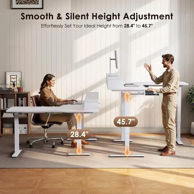 Alt view image 5 of 7 - 59 Inch L Shaped Electric Standing Desk with Drawers, Height Adjustable Corner Computer Desk with Keyboard Tray & Monitor Stand, Stand Up Table for Home Office Workstation, White