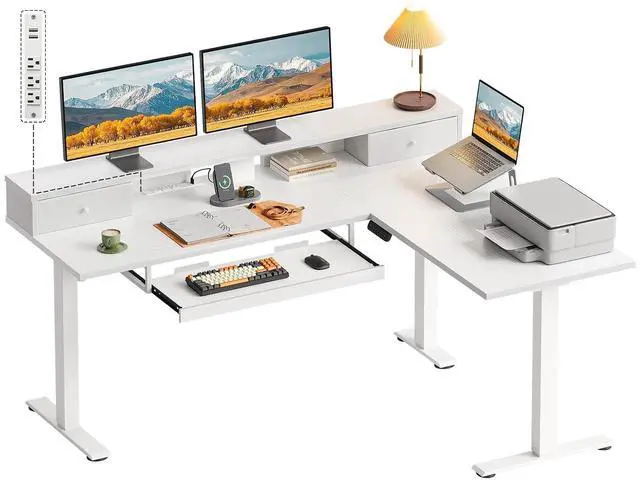 Main image of 59 Inch L Shaped Electric Standing Desk with Drawers, Height Adjustable Corner Computer Desk with Keyboard Tray & Monitor Stand, Stand Up Table for Home Office Workstation, White